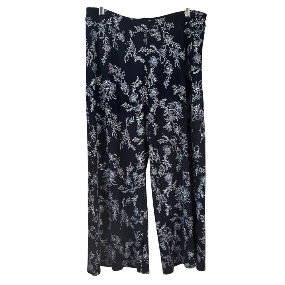 J Jill Pants Medium WearEver‎ Navy Floral Wide Leg Pleated Pull On Cropped